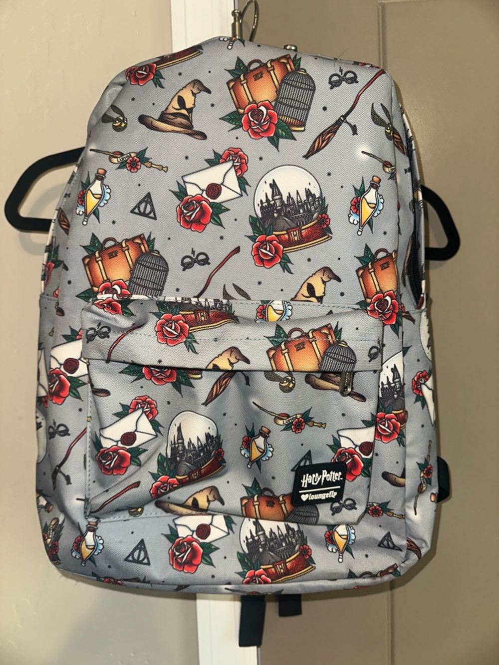 Loungefly Harry Potter Light Gray Backpack with Red Rose Accents